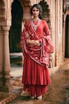 Buy_Paulmi and Harsh_Red Anarkali And Skirt Malai Chanderi Print Birds Round Neck Forty Kali Set _at_Aza_Fashions