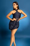 Buy_ITSISH_Blue Net Plain 3d Cutwork Halter Nova Asymmetric Dress _at_Aza_Fashions