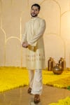 Shop_Runit Gupta_Yellow Chanderi Silk Embroidered Cutpipe Pearl Kurta Set _Online_at_Aza_Fashions