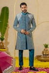 Buy_Runit Gupta_Blue Chanderi Silk Embroidered Pearl And Pipe Sherwani Set _at_Aza_Fashions