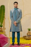 Shop_Runit Gupta_Blue Chanderi Silk Embroidered Pearl And Pipe Sherwani Set _at_Aza_Fashions