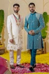 Runit Gupta_Blue Chanderi Silk Embroidered Pearl And Pipe Sherwani Set _Online_at_Aza_Fashions