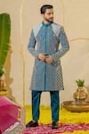 Shop_Runit Gupta_Blue Chanderi Silk Embroidered Pearl And Pipe Sherwani Set _Online_at_Aza_Fashions