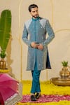 Runit Gupta_Blue Chanderi Silk Embroidered Pearl And Pipe Sherwani Set _at_Aza_Fashions