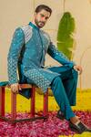 Buy_Runit Gupta_Blue Chanderi Silk Embroidered Pearl And Pipe Sherwani Set 