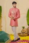 Shop_Runit Gupta_Pink Chanderi Silk Embroidered Cutpipe Short Sherwani And Pant Set _at_Aza_Fashions