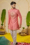 Buy_Runit Gupta_Pink Chanderi Silk Embroidered Cutpipe Short Sherwani And Pant Set _Online_at_Aza_Fashions