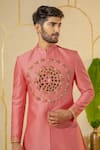 Shop_Runit Gupta_Pink Chanderi Silk Embroidered Cutpipe Short Sherwani And Pant Set _Online_at_Aza_Fashions