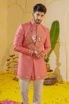 Runit Gupta_Pink Chanderi Silk Embroidered Cutpipe Short Sherwani And Pant Set _at_Aza_Fashions