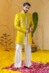 Buy_Runit Gupta_Yellow Chanderi Silk Embroidered Dabka And Thread Sherwani Set _at_Aza_Fashions