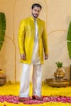 Shop_Runit Gupta_Yellow Chanderi Silk Embroidered Dabka And Thread Sherwani Set _at_Aza_Fashions