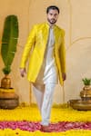 Runit Gupta_Yellow Chanderi Silk Embroidered Dabka And Thread Sherwani Set _Online_at_Aza_Fashions