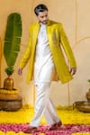 Buy_Runit Gupta_Yellow Chanderi Silk Embroidered Dabka And Thread Sherwani Set _Online_at_Aza_Fashions