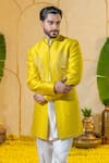 Shop_Runit Gupta_Yellow Chanderi Silk Embroidered Dabka And Thread Sherwani Set _Online_at_Aza_Fashions