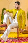 Buy_Runit Gupta_Yellow Chanderi Silk Embroidered Dabka And Thread Sherwani Set 