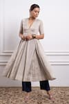 Buy_Vinusto_Silver Chanderi, Handloom Cotton Zari V-neck Handwoven Silk Anarkali With Pant _at_Aza_Fashions