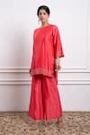 Buy_Vinusto_Pink Handwoven Chanderi Embroidery Lace Round Zari Short Kurta With Palazzo _Online_at_Aza_Fashions