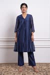 Shop_Vinusto_Blue Handwoven Chanderi Embroidery Zardosi Pleated A-line Kurta And Pant Set _at_Aza_Fashions