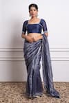 Buy_Vinusto_Blue Handwoven Chanderi With Zari Stripes Embroidered Pearl Lace Saree Blouse _Online_at_Aza_Fashions