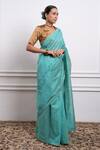 Vinusto_Blue Handwoven Chanderi Embroidered Lace V-neck Saree With Solid Blouse _Online_at_Aza_Fashions