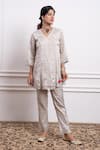 Buy_Vinusto_Silver Handwoven Silk Embroidered V-neck Angarkha With Pant _Online_at_Aza_Fashions