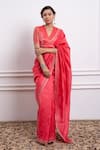 Buy_Vinusto_Pink Handwoven Chanderi Embroidered Lace V-neck Saree With Zari Striped Blouse _at_Aza_Fashions