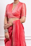 Vinusto_Pink Handwoven Chanderi Embroidered Lace V-neck Saree With Zari Striped Blouse _Online_at_Aza_Fashions