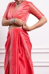 Buy_Vinusto_Pink Handwoven Chanderi Embroidered Lace V-neck Saree With Zari Striped Blouse _Online_at_Aza_Fashions