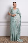 Buy_Vinusto_Blue Handwoven Zari Silk Embroidered Floral V-neck Saree With Blouse _at_Aza_Fashions