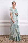 Buy_Vinusto_Blue Handwoven Zari Silk Embroidered Floral V-neck Saree With Blouse _Online_at_Aza_Fashions