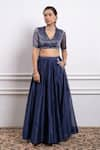 Vinusto_Blue Handwoven Chanderi Embroidered Lace V-neck Panelled Lehenga Set _Online_at_Aza_Fashions