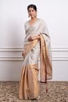 Buy_Vinusto_Silver Handwoven Zari Silk Embroidered Lace Color Blocked Saree With Blouse _at_Aza_Fashions