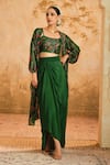 Buy_Blooming Threads_Green Cape And Blouse Lurex Geogette Print Chintz & Striped & Draped Skirt Set _at_Aza_Fashions