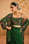 Buy_Blooming Threads_Green Cape And Blouse Lurex Geogette Print Chintz & Striped & Draped Skirt Set _Online_at_Aza_Fashions