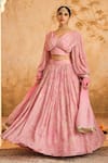 Buy_Blooming Threads_Pink Blouse And Lehenga Lurex Georgette Print Chintz Flora V Neck Set _at_Aza_Fashions