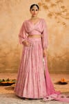 Blooming Threads_Pink Blouse And Lehenga Lurex Georgette Print Chintz Flora V Neck Set _Online_at_Aza_Fashions