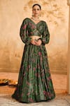 Buy_Blooming Threads_Green Blouse And Lehenga Lurex Georgette Print Chintz Floral V Neck Set _at_Aza_Fashions