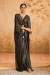 Buy_Blooming Threads_Black Kaftan Georgette Striped V Neck Front Gathered With Inner _at_Aza_Fashions