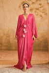 Buy_Blooming Threads_Pink Kaftan Georgette Striped V Front Gathered Long With Inner _at_Aza_Fashions