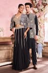 Shop_Krisha sunny Ramani_Black Cotton Silk Embroidered Crystals Geometric Bundi With Kurta Set _Online_at_Aza_Fashions