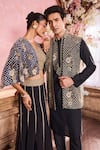 Krisha sunny Ramani_Black Cotton Silk Embroidered Crystals Geometric Bundi With Kurta Set _at_Aza_Fashions