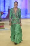 Buy_PUNIT BALANA_Green Blazer Raw Silk Embroidered Resham Scallop Hem Pre-draped Saree With _at_Aza_Fashions