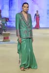 PUNIT BALANA_Green Blazer Raw Silk Embroidered Resham Scallop Hem Pre-draped Saree With _Online_at_Aza_Fashions