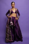 Shop_PUNIT BALANA_Purple Raw Silk Embroidered Floral Bralette Plunge V Foil Jacket Pant Set _at_Aza_Fashions