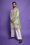 Shop_PUNIT BALANA_Green Kurta Satin Silk Printed Marodi Gurfateh Pirzada Bandhani With Pant _Online_at_Aza_Fashions