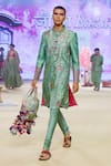 Shop_PUNIT BALANA_Green Achkan Raw Silk Printed Swirl Set _at_Aza_Fashions