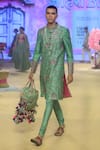 PUNIT BALANA_Green Achkan Raw Silk Printed Swirl Set _Online_at_Aza_Fashions