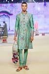 PUNIT BALANA_Green Achkan Raw Silk Printed Swirl Set _at_Aza_Fashions