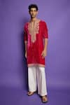 PUNIT BALANA_Pink Kurta Velvet Embroidered Marodi Work With Pant _Online_at_Aza_Fashions