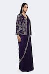 Buy_Onaya_Purple Silk Embroidered Bead Jacket Open Pre-stitched Saree Embellished Set _Online_at_Aza_Fashions